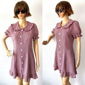 Gingham Checked Mini-Dress Ruffled Collar ALLEGRA K Grunge Twee Petite XS to S